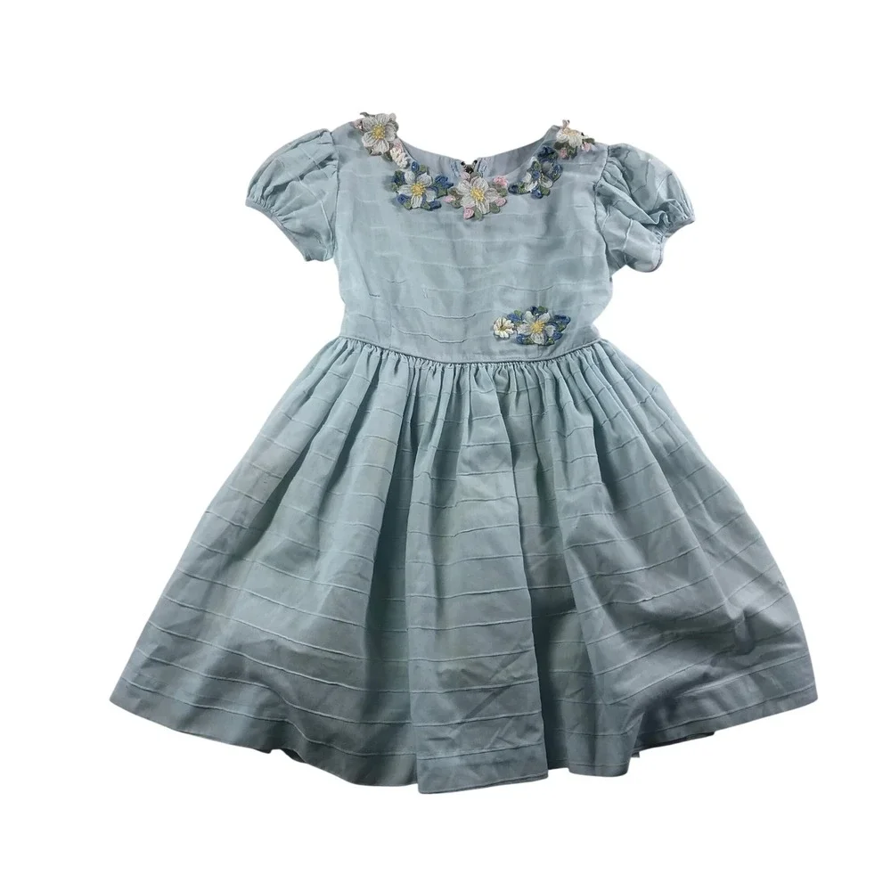 Vintage Best & Co Liliputian Bazaar Girls Blue Floral Embroidered Dress 1950s